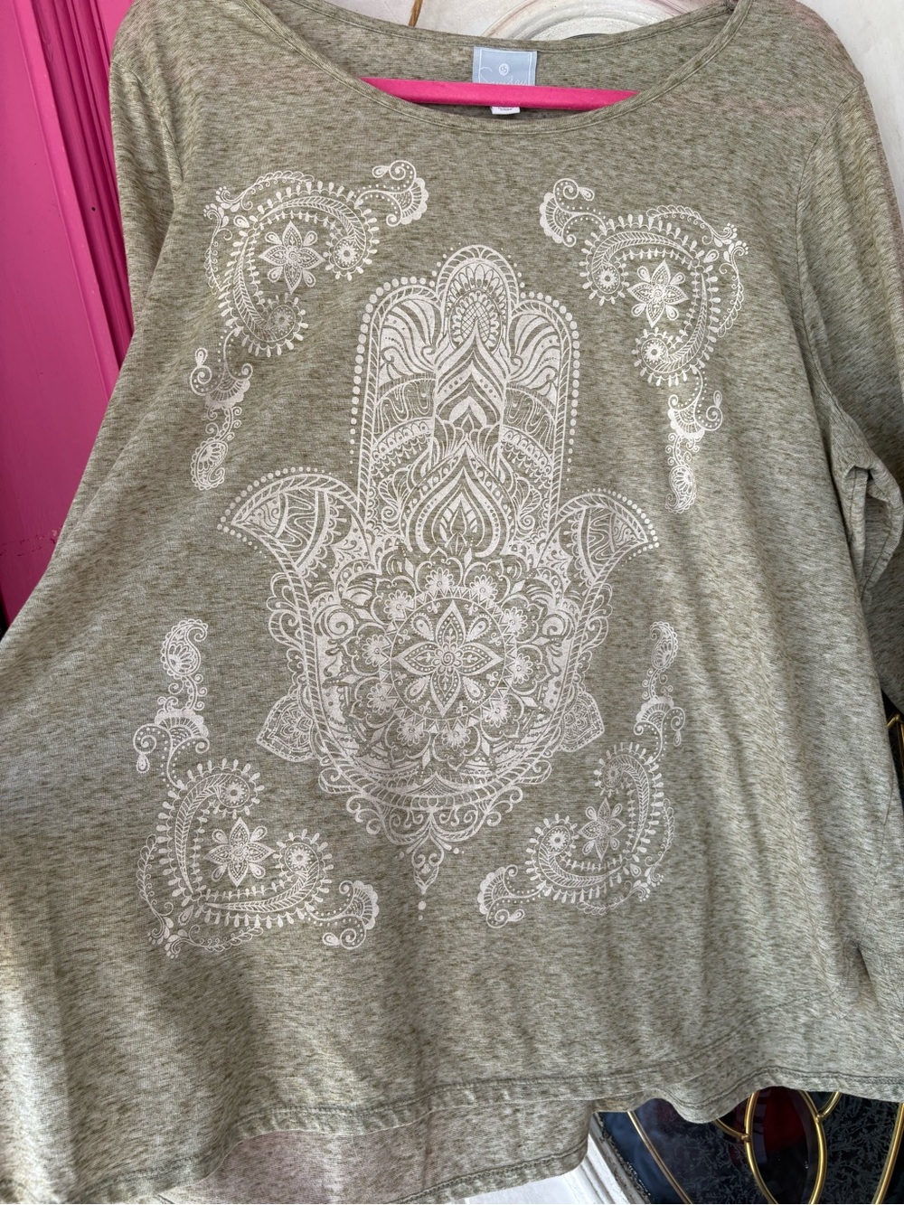 Sunday Olive Green Long Sleeve Top with White Hamsa Graphic